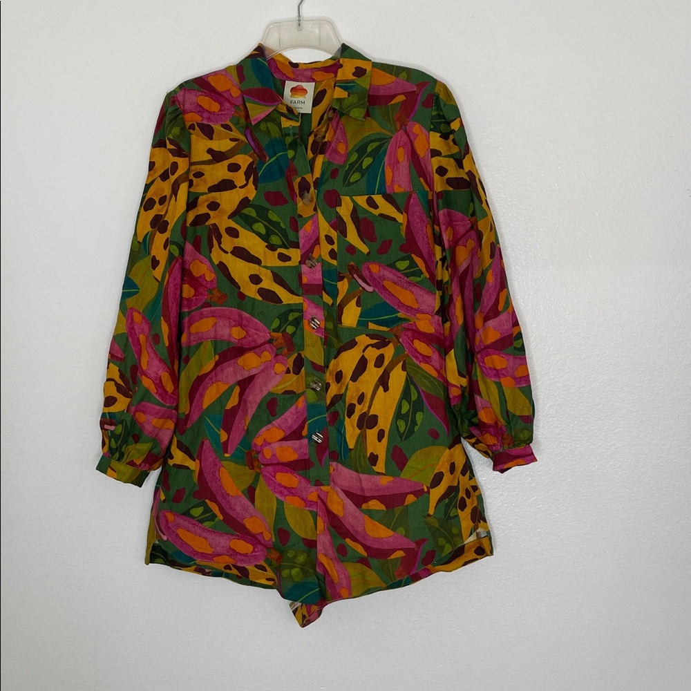 FARM Rio Multicolor Banana Long Sleeve Linen Shorts Jumpsuit Size Small - Picture 2 of 9